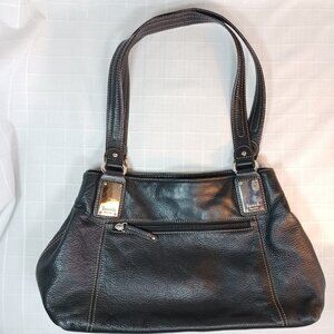 Tignanello Black Leather ShoulderBag with Stripe Fabric Inside 14” Bottom Length
